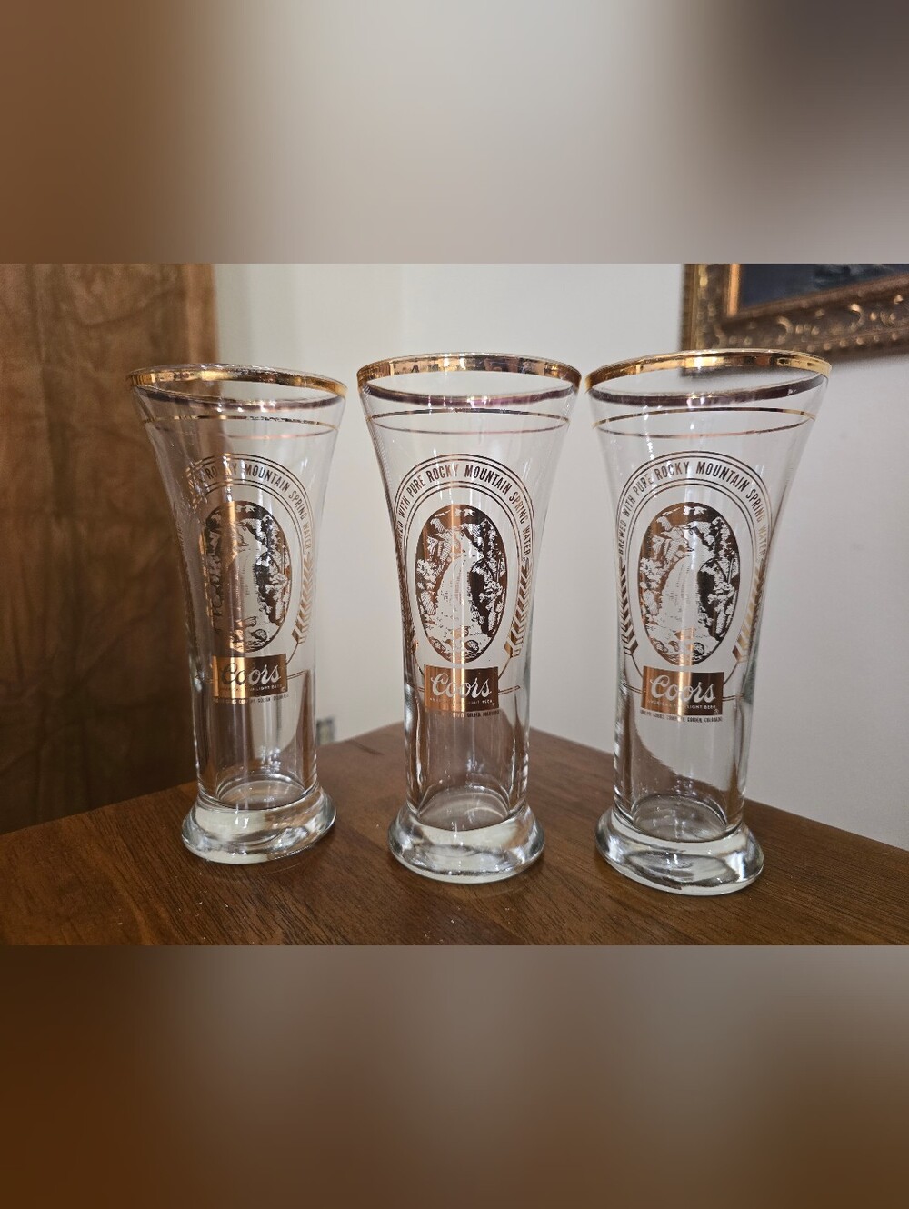 Set 3 Vintage Coors 7.25" Gold Rim Pilsner Glasses Waterfall Rocky Mountain Beer